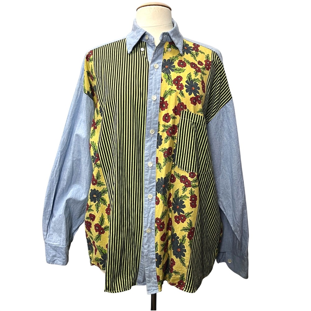 Moda 80s Vintage Mixed Print Floral Stripe Denim Shirt Womens M Boho Indie
